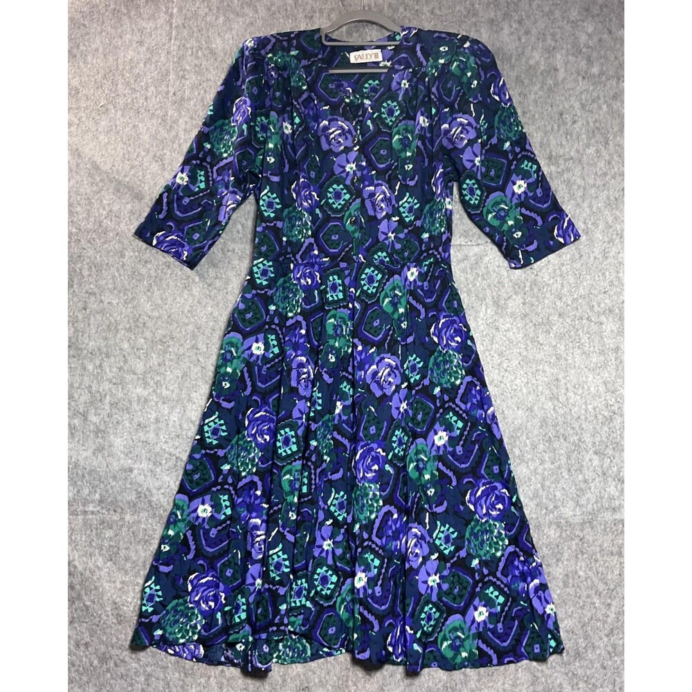 Vintage Dress Womens Medium Blue Floral Pockets Fit & Flare Midi Boho Cottage